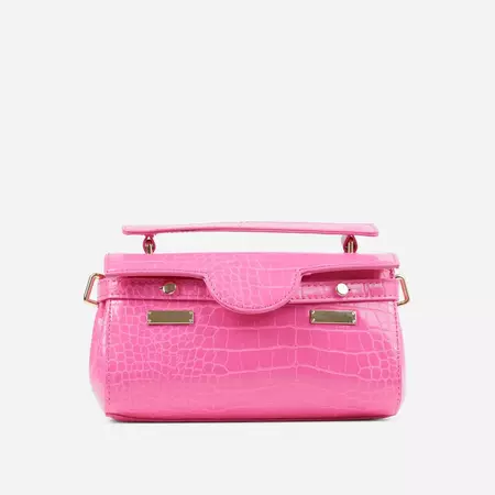 Laverna Stud Detail Shaped Cross Body Bag In Pink Croc Print Faux Leather | EGO