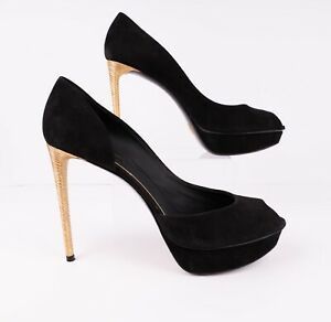 Louis Vuitton Nightbird Black Suede Gold Stiletto Open Toe Platform Heels Shoes | eBay