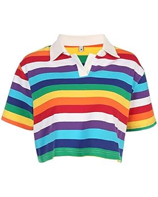 Striped Crop Tops for Women Collar Half Button Long Sleeve Pullover Sweatshirt Tee Cute Rainbow Tops Shirt for Teen Girl at Amazon Women’s Clothing store