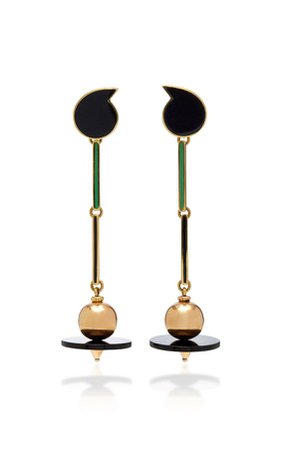 Mahnaz Collection Pair Of Black & Green Enamel, Onyx & 18K Gold Drop Earrings