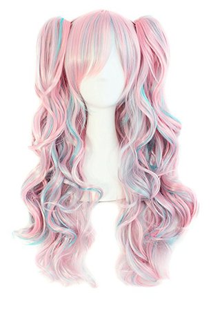 MapofBeauty Multi-color Lolita Long Curly Clip on Ponytails Cosplay Wig (Pink/ Blue)