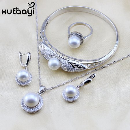 XUTAAYI białe symulowane perły biały CZ 925 Sterling Silver zestawy biżuterii dla kobiet naszyjnik wisiorek spadek kolczyki pierścionki w Zestawy biżuterii ślubnej od Biżuteria i Akcesoria na Aliexpress.com | Grupa Alibaba