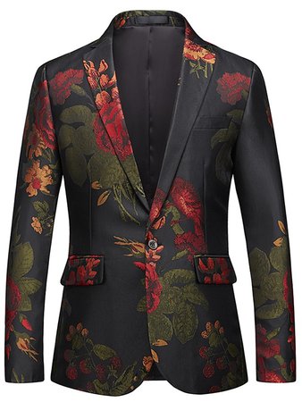 Men's Party / Going out Active / Street chic Spring & Fall Regular Blazer, Floral V Neck Long Sleeve Polyester Jacquard Black 6868807 2020 – $77.04