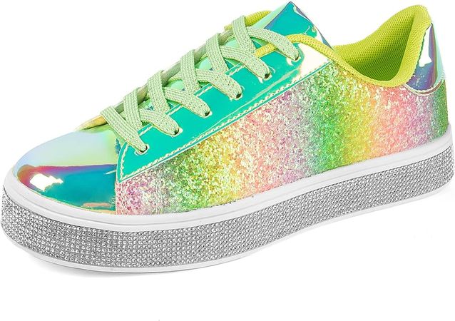 Amazon.com | UUBARIS Women's Glitter Tennis Sneakers Neon Dressy Sparkly Sneakers Rhinestone Bling Wedding Bridal Shoes Shiny Sequin Shoes | Fashion Sneakers