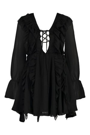 Petite Frill Lace Up Mini Dress | boohoo black