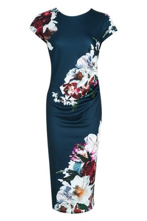 Floral Pleat Detail Midi Dress | boohoo