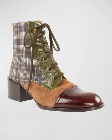Chie Mihara Quelua Plaid Mixed Leather Lace-Up Ankle Boots | Neiman Marcus