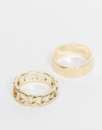 DesignB London Exclusive ring multipack x 2 in gold with double hoop and thick band | ASOS
