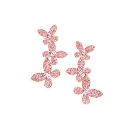 Triple Pavé Butterfly Cluster Earrings, Pink and white diamond | Graff