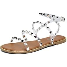 Amazon.com | katliu Women's Flat Sandals Strappy Studded Sandals Gladiator Sandals with Ankle Strap Clear | Flats