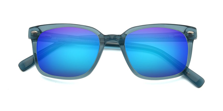 Transparent Cyan Narrow Hipster Square Mirrored Sunglasses with Blue Sunwear Lenses - 17349
