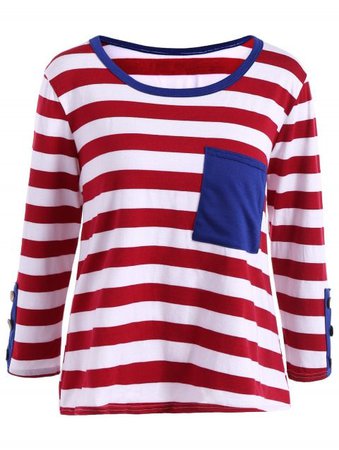 Stripe Front Pocket Fitted Long Sleeve T-Shirt