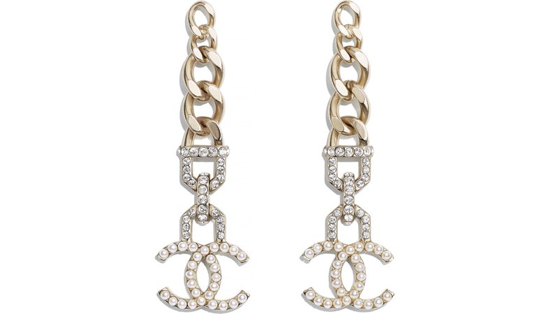Earrings, metal, imitation pearls & diamanté, gold, pearly white & crystal - CHANEL