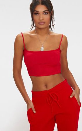 Red Basic Rib Square Neck Strappy Crop Top | PrettyLittleThing