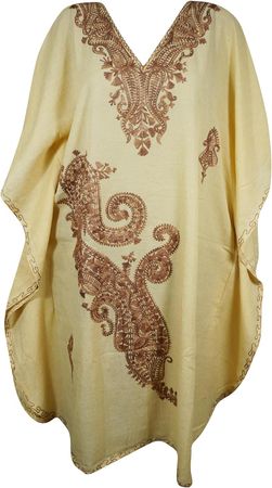 Mogul Interior Womens Sandy Gold Caftan Dress, Cotton, Embroidered Oversized Tunic Dresses, L-2X at Amazon Women’s Clothing store