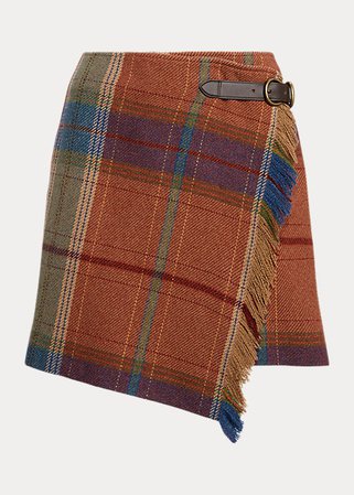 Plaid Fringe-and-Leather-Trim Wrap Skirt