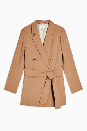 Camel Double Breasted Belted Twill Blazer | Topshop