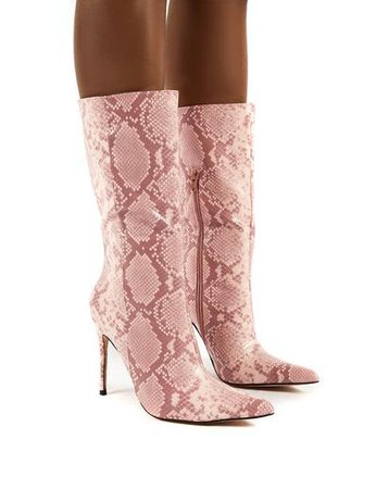 Mystic Pink Snake Knee High Stiletto Heel Boots | Public Desire – Public Desire USA