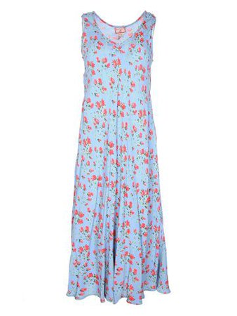 90s Cornflower Blue and Pink Floral Maxi Dress - M