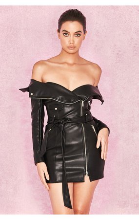 Clothing : Bodycon Dresses : 'Madeleine' Black Vegan Leather Coat Dress