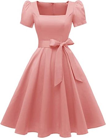 OBBUE Women's Square Neck Dress Vintage 1950s Cocktail Party Dress with Puff Sleeves at Amazon Women’s Clothing store