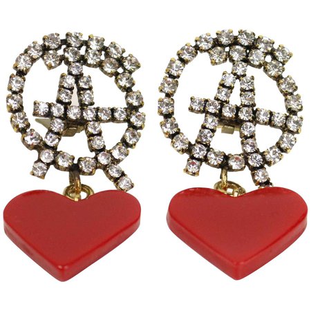 Moschino "Anarchy" Rhinestones with Drop Red Heart Shaped Clip On Earrings For Sale at 1stDibs