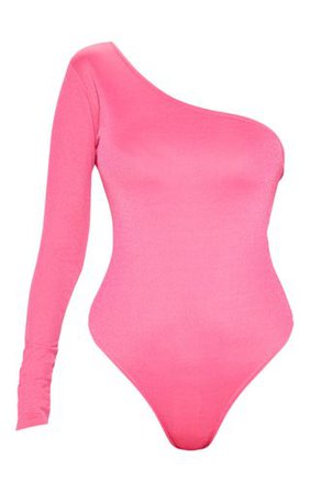 Hot Pink Stretch Crepe One Shoulder Thong Bodysuit | PrettyLittleThing