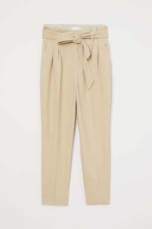 Corduroy Pants with Tie Belt - Beige