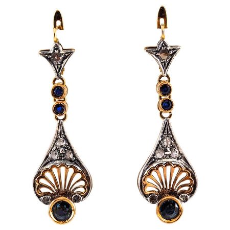 Art Deco White Rose Cut Diamond Blue Sapphire Yellow Gold Lever-Back Earrings For Sale at 1stDibs