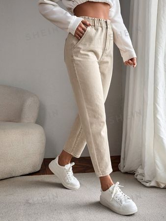 SHEIN EZwear Women's Summer Paperbag Waist Straight Leg Jeans | SHEIN