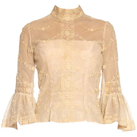 1960s Cream Silk and Cotton Top Made From Antique Lace For Sale at 1stDibs
