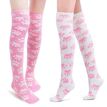 Amazon.com: Littleforbig Cute Coral Fleece Thigh High Long Paws Patten Socks 2 Pairs - Pink: Clothing