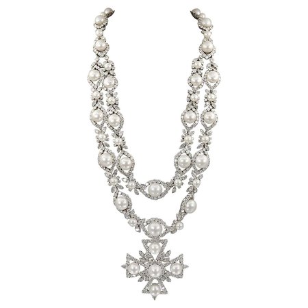 Van Cleef and Arpels Diamond Pearl Cross Necklace For Sale at 1stDibs | pearl necklace, diamond necklace, van cleef cross