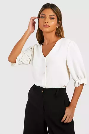 Hammered Puff Sleeve Button Front Blouse | boohoo