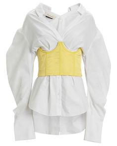 Gemma Corseted Poplin Shirt $319 · In stock Hellessy sculpts the the classic white poplin shirt with a yellow corset overlay. Dropped shoulders. Loose through the sleeves. Back zip closure. Exaggerated shirttail hem.