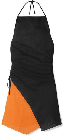 Marques' Almeida - Ruched Two-tone Linen Halterneck Mini Dress - Black