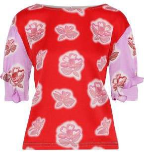 Ruffle-trimmed Floral-print Hammered-silk Blouse