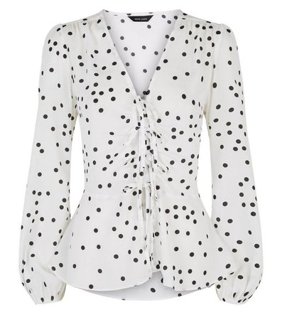 White Spot Tie Front Peplum Blouse | New Look