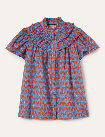 Flutter Sleeve Ruched Blouse - Mosaic Blue, Poppy Geo | Boden US