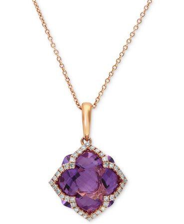 EFFY 14k Rose Gold Amethyst and Diamond Clover Pendant Necklace