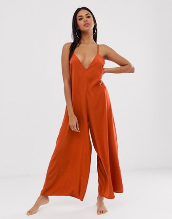 ASOS DESIGN minimal beach jumpsuit with strappy back in ginger | ASOS