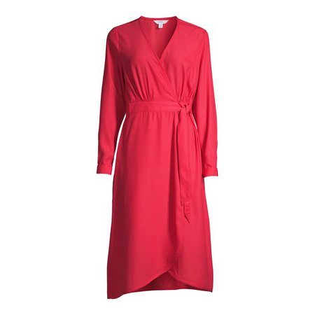 red Time and Tru - Time and Tru Women's Long Sleeve Faux Wrap Dress - Walmart.com - Walmart.com