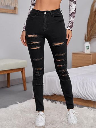 High Waisted Ripped Detail Skinny Jeans | SHEIN USA
