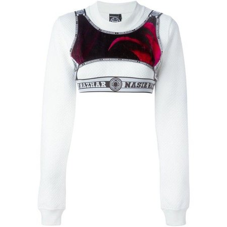 Nasir Mazhar Layered Cropped Sweatshirt (790 PLN) ❤ liked on Polyvore featuring tops, hoodies, sweatshirts, sweaters, white, white crop top, cut-out crop tops, layered tops, double layer top and white - Google Search
