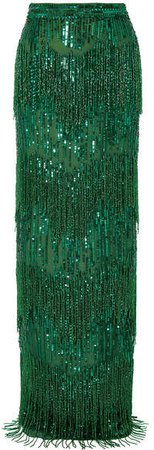 Fringed Sequined Satin Maxi Skirt - Green