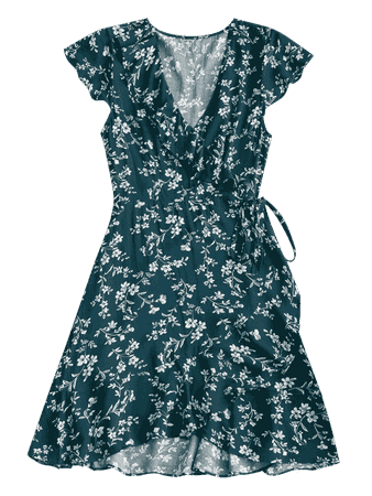 [HOT] 2019 Tiny Floral Ruffle Mini Wrap Dress In BEETLE GREEN M | ZAFUL CA