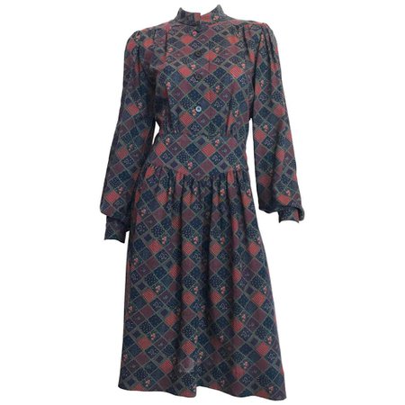 1970s Givenchy Button Front Diamond Floral Print Wool Dress with Nehru Collar For Sale at 1stdibs