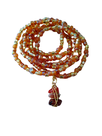 Gold and Orange Waist Beads with Carnelian Gemstone drop, stretch, weight loss tracker, belly beads, waist chain