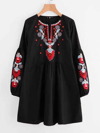 Buttoned Keyhole Front Lantern Sleeve Embroidered Smock Dress