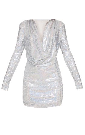 Silver Sequin Cowl Neck Bodycon Dress | PrettyLittleThing